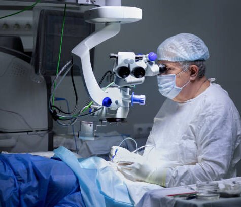microsurgery of the eye. the surgeon is performing the operation with the help of special equipment