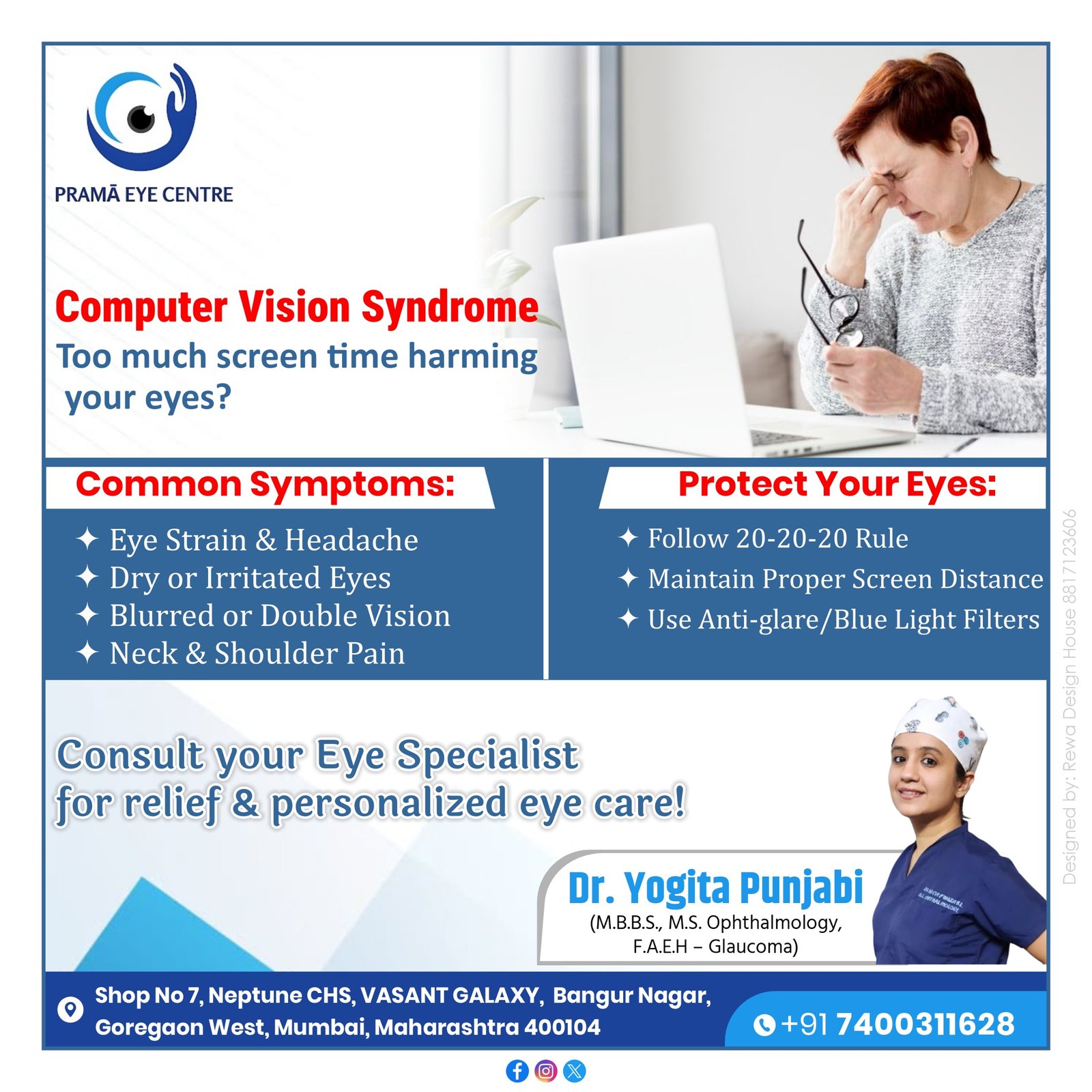 “Computer Vision Syndrome symptoms and prevention tips – digital eye strain, dry eyes, headaches and 20-20-20 rule by Eye Specialist in Goregaon, Mumbai.”